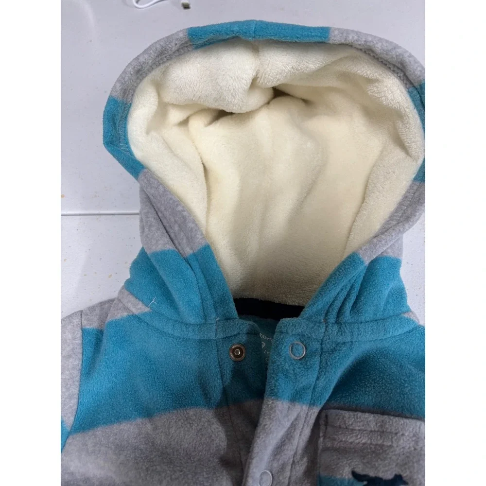 Carters Baby‎ Boys Blue Grey Striped Fleece Hooded Romper Jumpsuit 9 Months